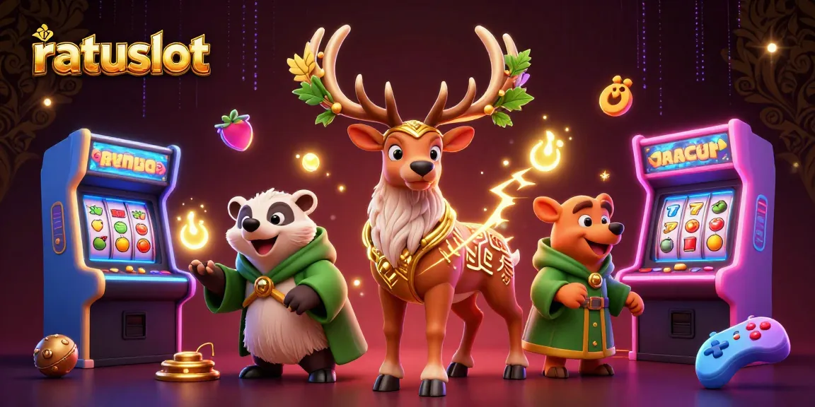 Experience thrilling gameplay at ratuslot with a dynamic casino scene featuring mythical elements and vibrant arcade machines.