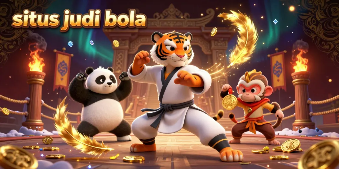 Situs judi bola menampilkan harimau kung fu, panda, dan monyet dalam arena penuh efek visual menarik.