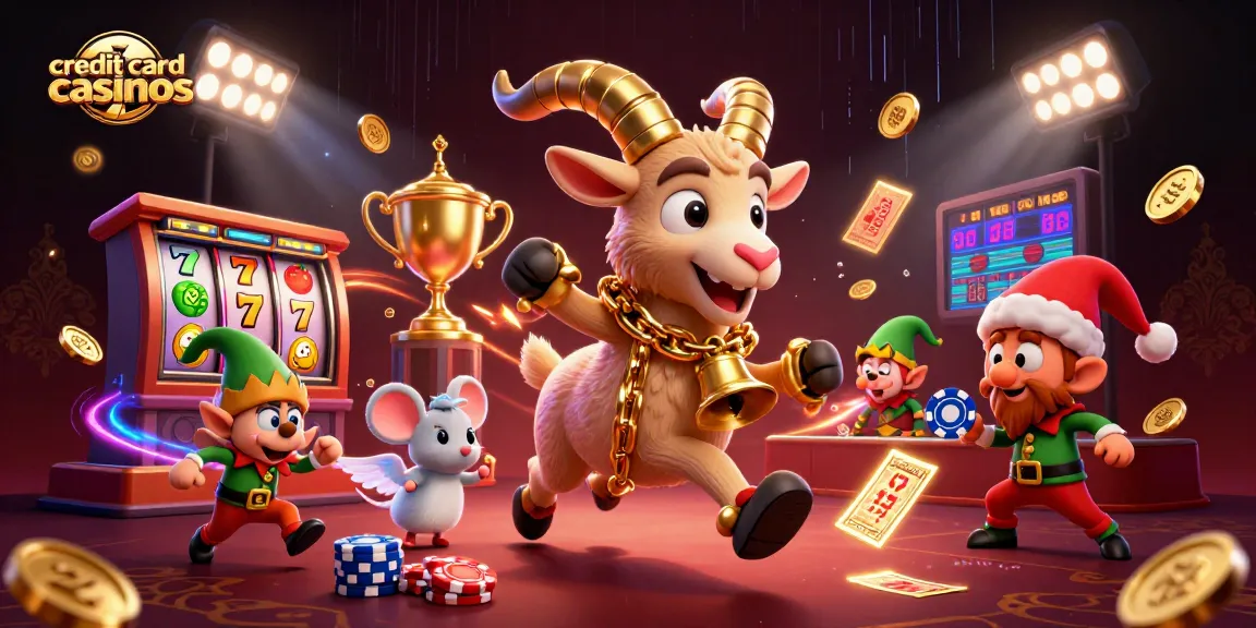 Experience the thrill at credit card casinos with a festive 3D scene of Krampus, a mouse, and gremlins.