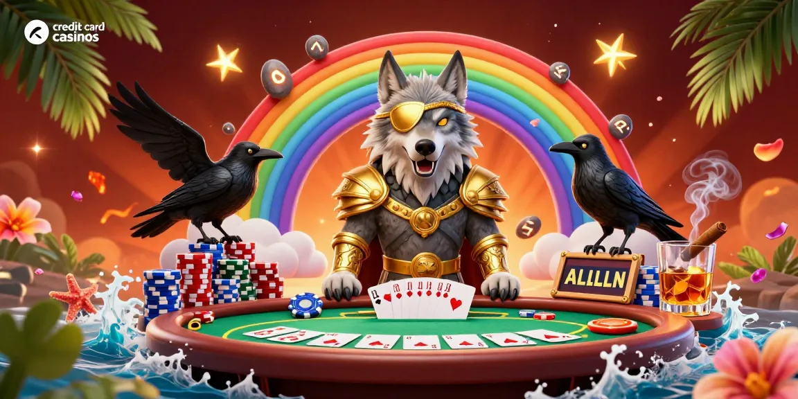 Engage with top credit card casinos illustrated by a Norse god and ravens on a vibrant bridge of chips.