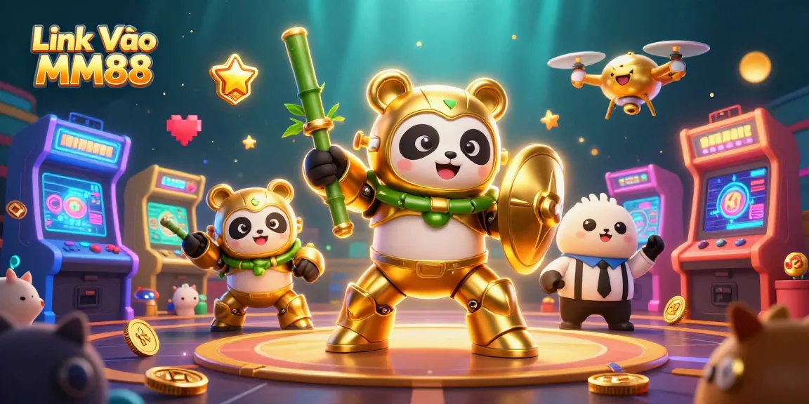 Engage with Link Vào MM88 in a vibrant 3D casino scene with a golden panda hero amidst arcade game excitement.