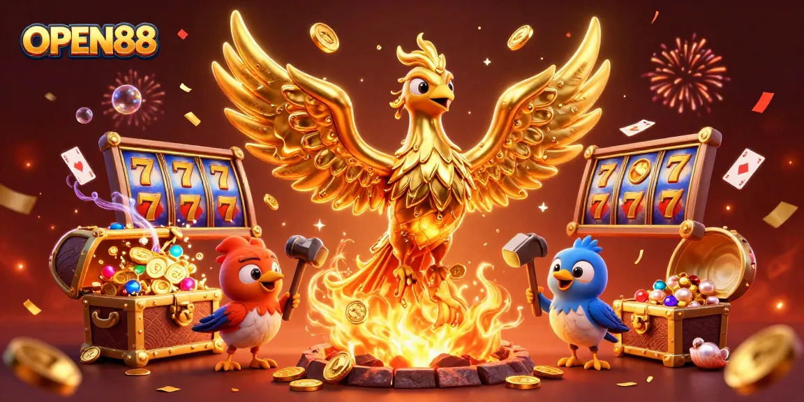Experience thrilling gameplay at OPEN88 with a golden phoenix rising from a forge in a vibrant casino scene.