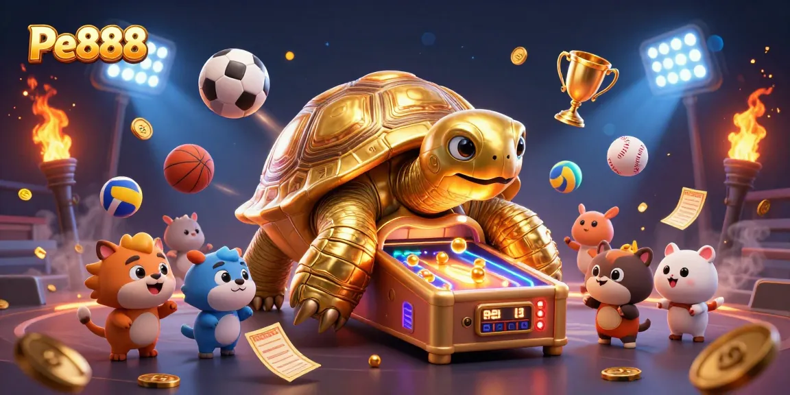 Experience the excitement of Pe888 with a vibrant 3D scene featuring a golden tortoise gaming and lively sports elements.
