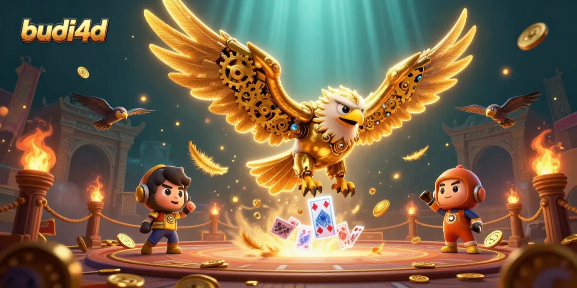 Experience winning excitement at budi4d with a cybernetic eagle soaring through holographic cards amidst vibrant casino elements.