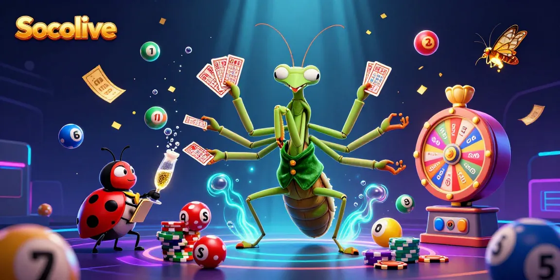 Socolive enhances the thrill of online gambling with a vibrant scene of a giant mantis card sharp dealing cards amid colorful lottery elements.