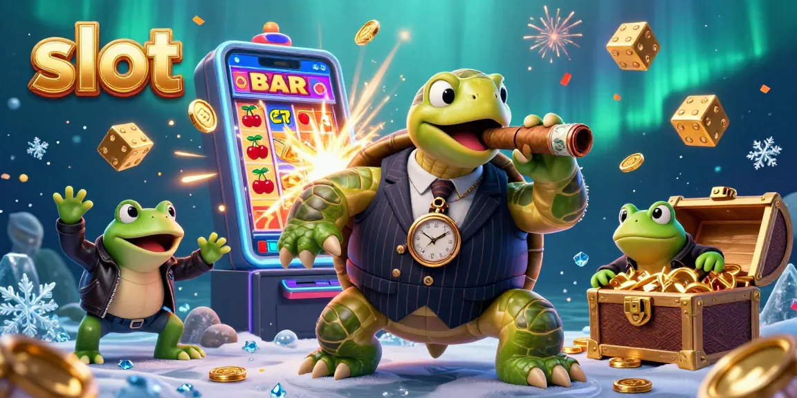 Engage with thrilling slot action featuring a massive turtle and vibrant casino elements.
