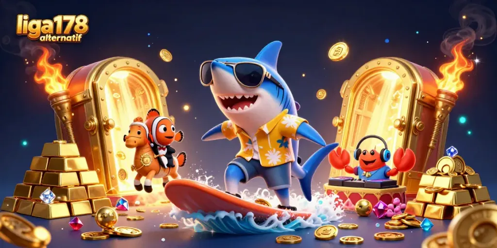 Ilustrasi 3D liga178 alternatif dengan hiu kartun, ikan badut, dan kepiting DJ di panggung koral.