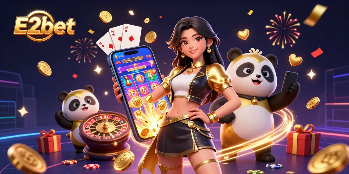 E2bet presents a vibrant scene with a woman and a panda mascot amidst dazzling casino game elements.