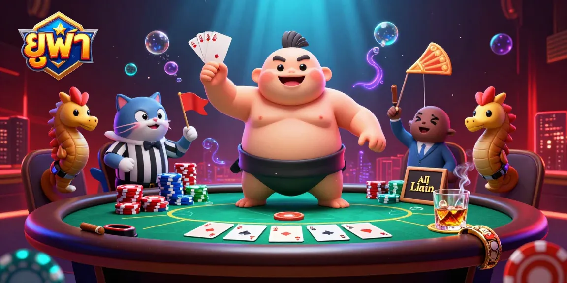 Engage with ยูฟ่า as a dynamic 3D illustration showcases a blowfish in a sumo belt at a poker table, surrounded by colorful gambling elements.