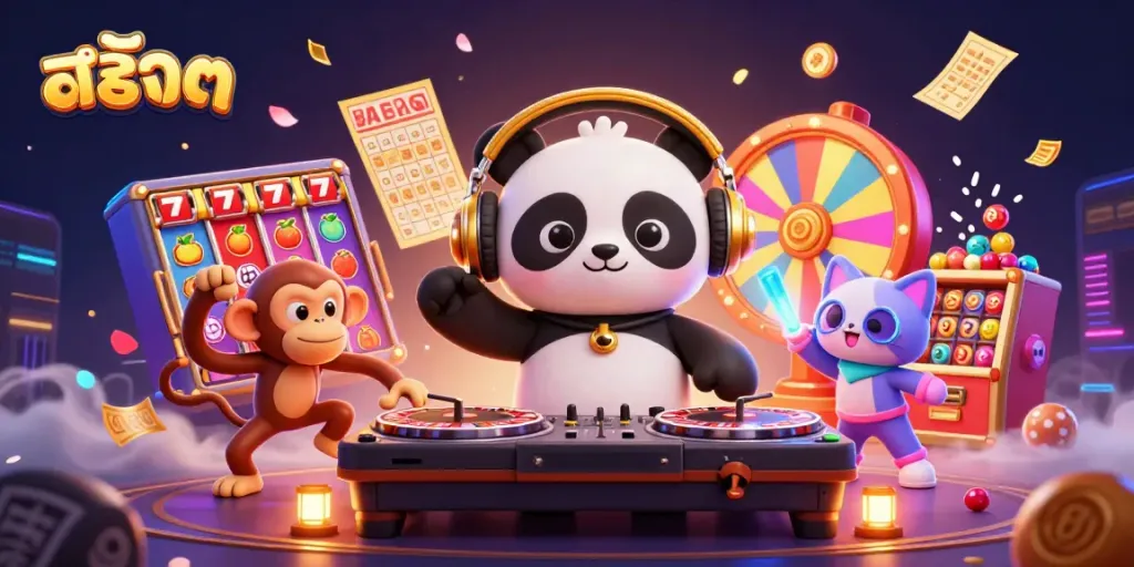 Engage with สล็อต action through a vibrant scene featuring a DJ panda, breakdancing monkey, and glow-stick kitten.