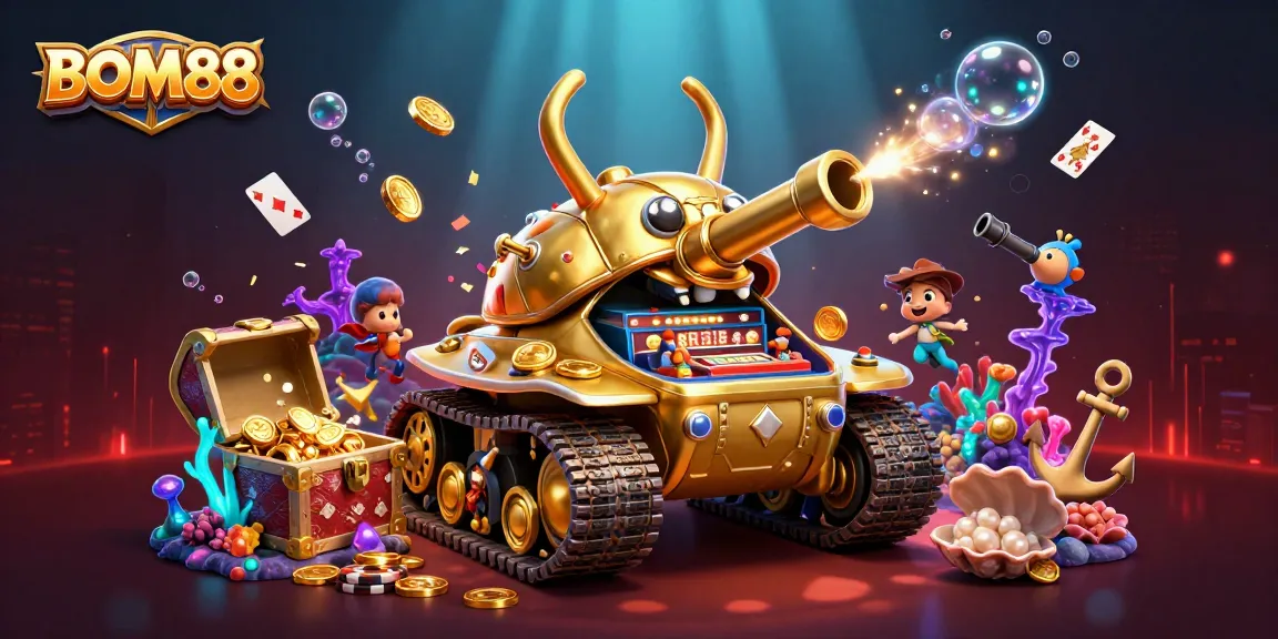 Experience the excitement of BOM88 with a vibrant 3D casino scene filled with colorful games and treasures.