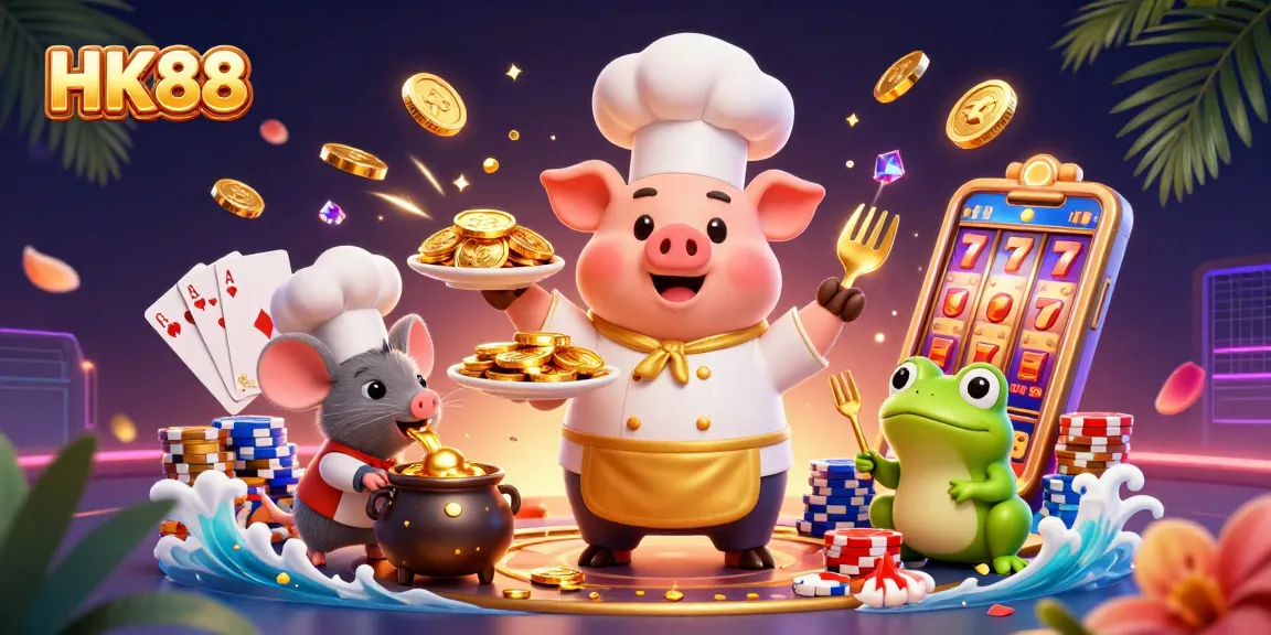 Experience HK88 casino excitement with a 3D chef pig serving gold coins in a lively gambling scene.