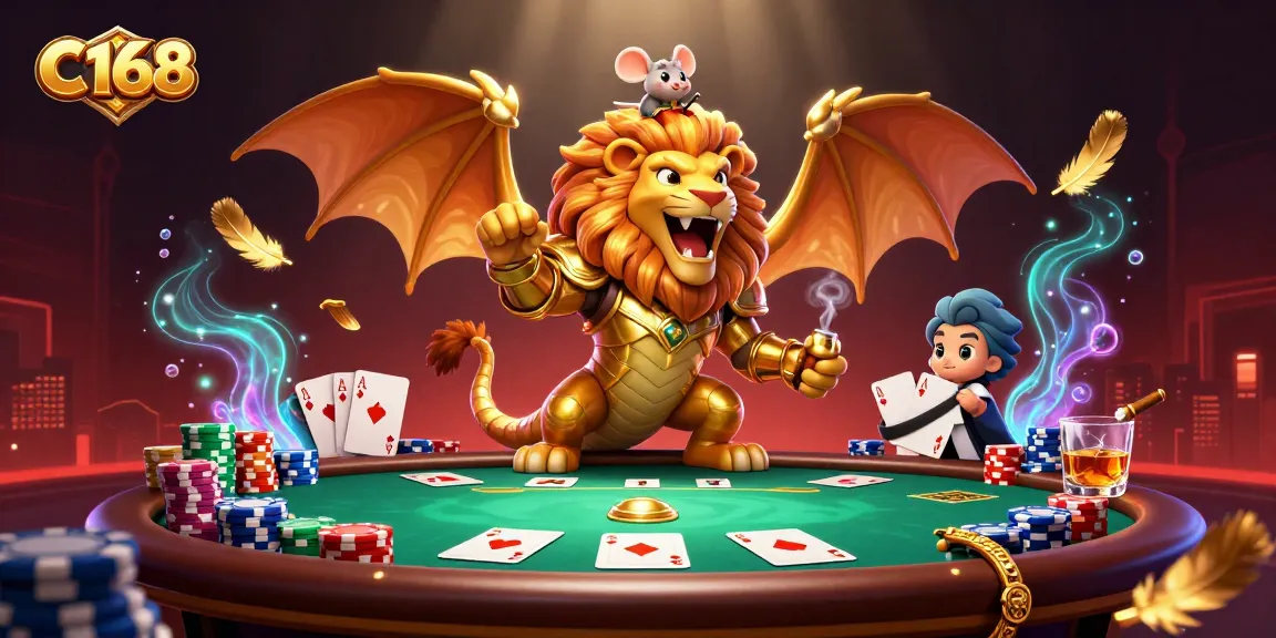 Experience the thrill of winning at C168 with a vibrant poker scene featuring a triumphant chimera.