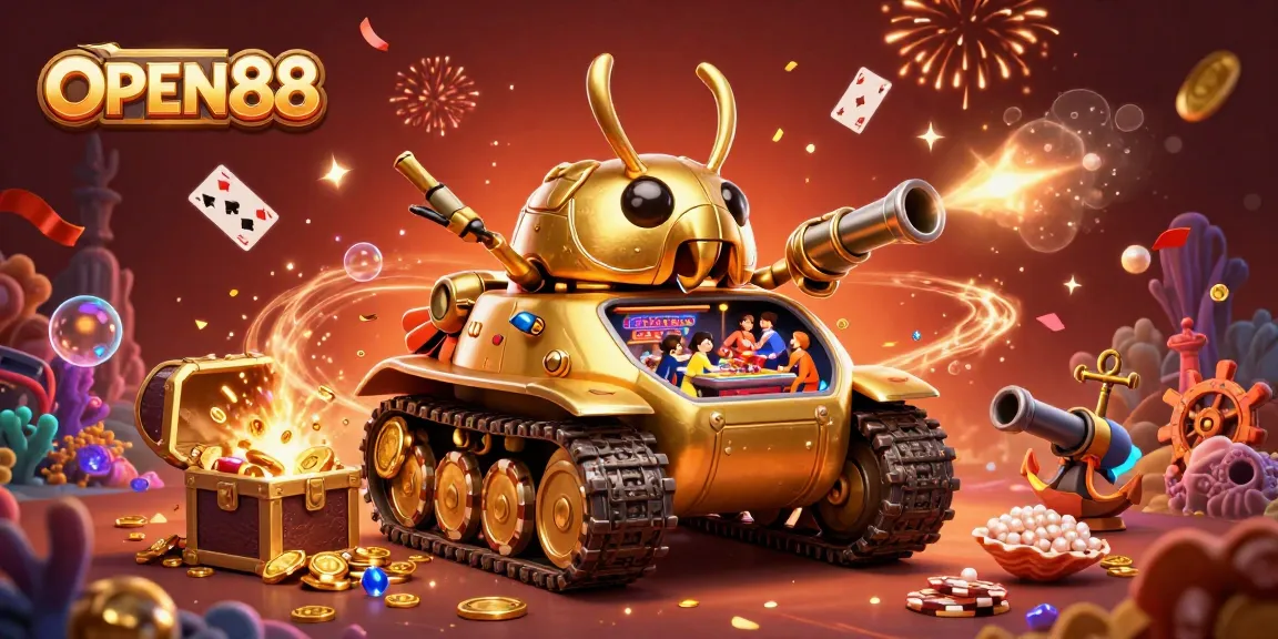 Engage with OPEN88’s exciting casino adventures in a vibrant 3D scene filled with colorful gambling elements.