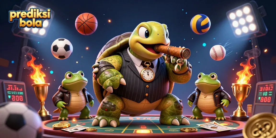 Experience exciting prediksi bola action with a mobster turtle and bullfrog enforcers in a lively casino scene.