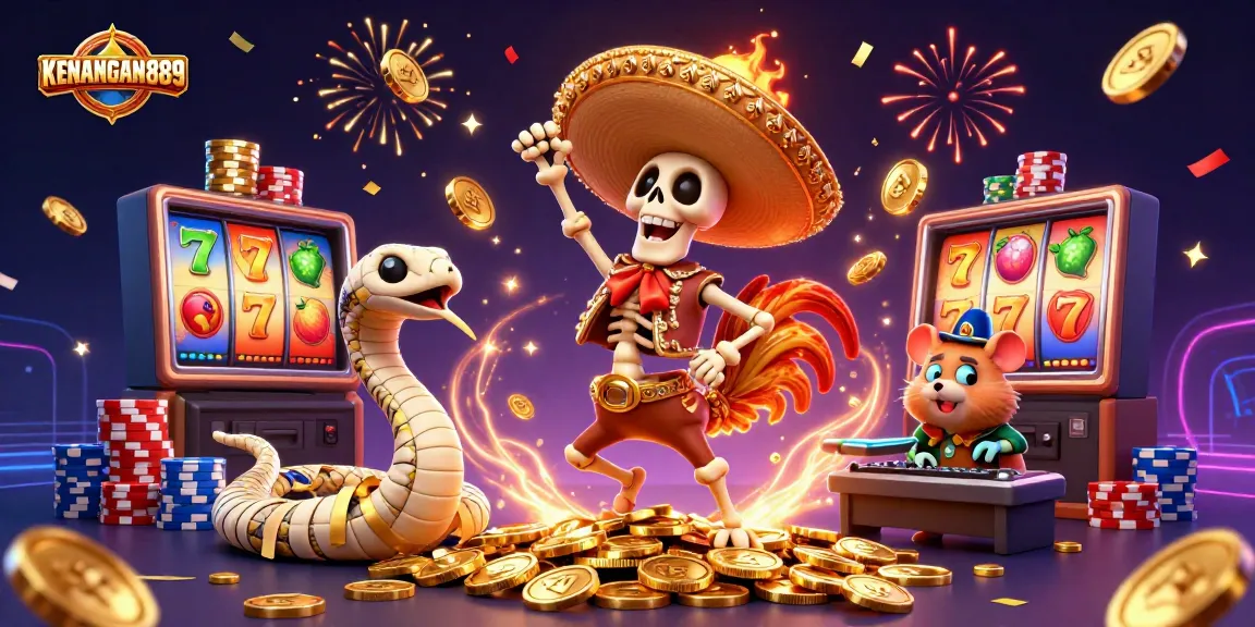 Experience the excitement of KENANGAN889 with a vivid 3D illustration showcasing vibrant slot themes.