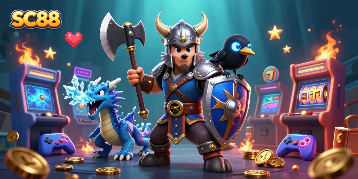 Engage with SC88's thrilling casino games showcasing a Viking wolf warrior with exciting game elements.