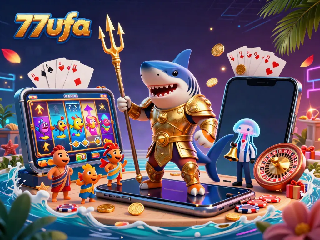 Experience thrilling gameplay at 77ufa with a captivating underwater casino scene featuring slot games and a shark gladiator.