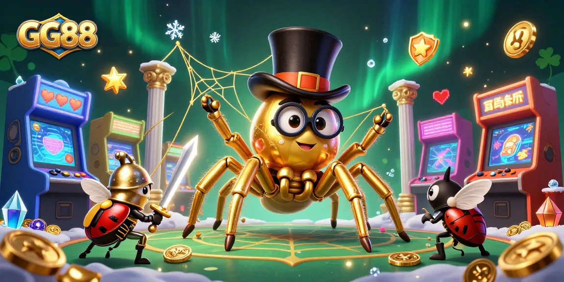 Experience the thrill of GG88 with a captivating scene of a golden tarantula and gaming elements.