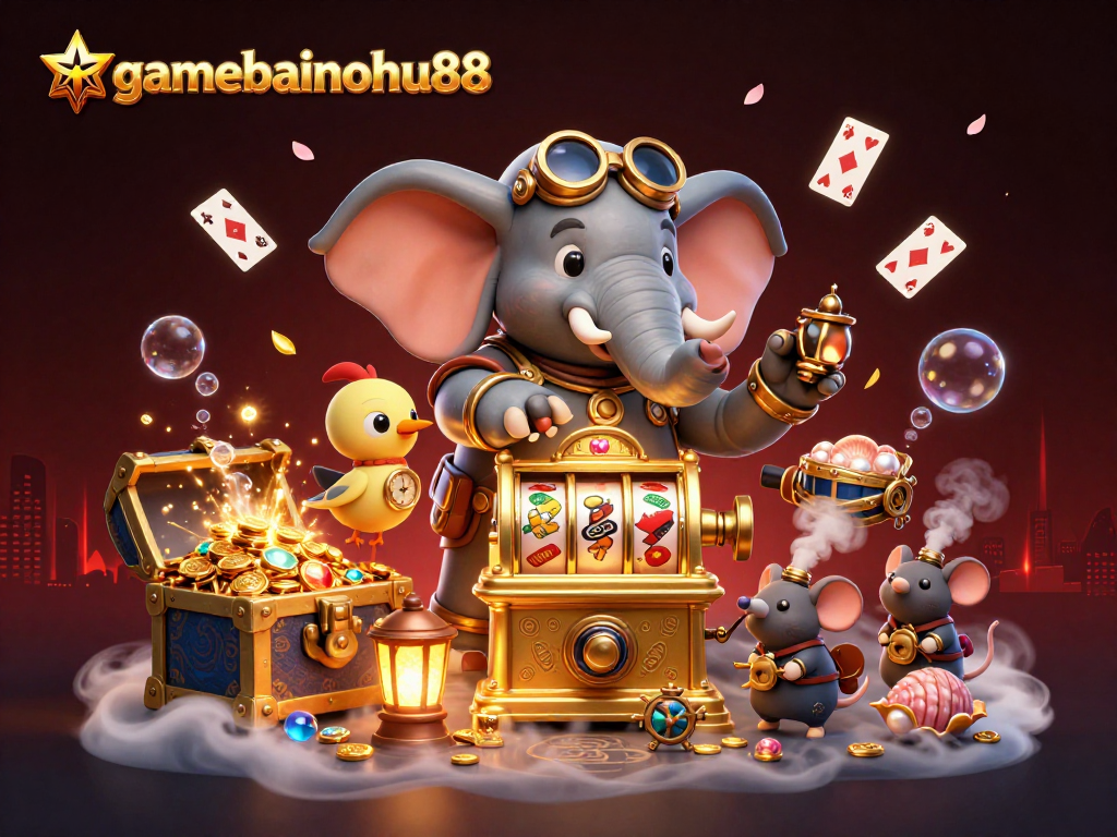gamebainohu88 engages in thrilling slot adventures with a steampunk elephant, winning treasures and excitement.