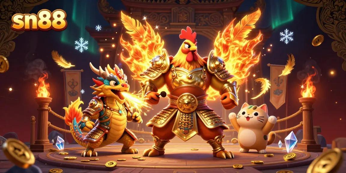 Experience excitement and engagement at sn88 with a dynamic gaming scene featuring a powerful rooster warrior and fiery dragon hatchling.