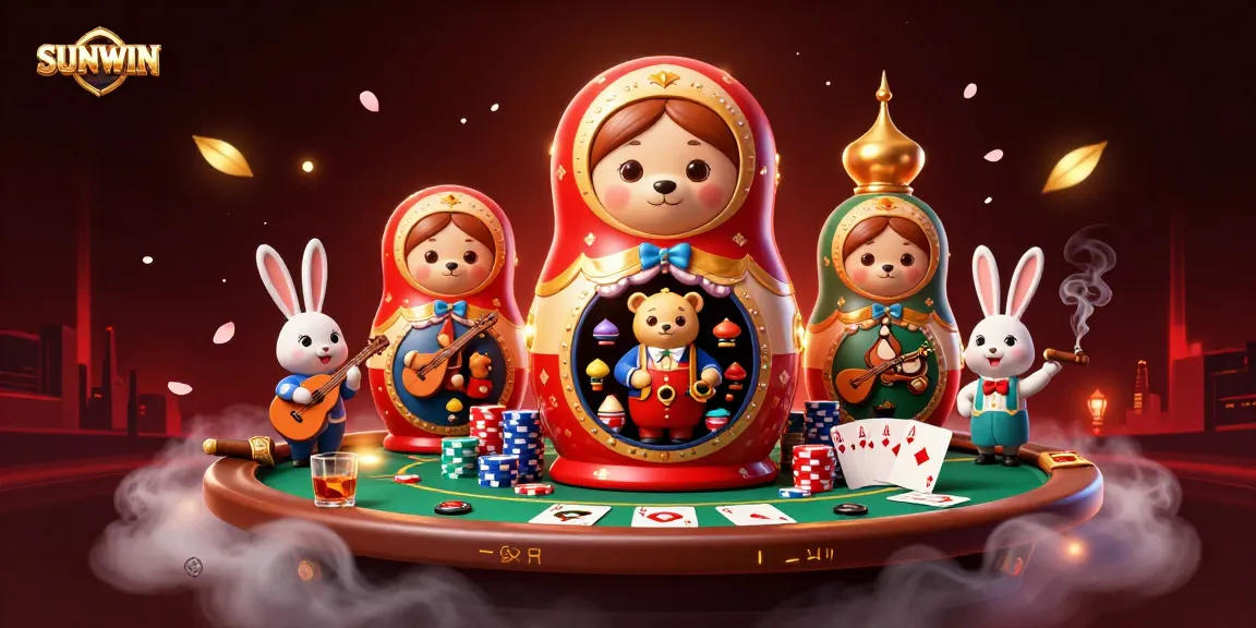 SUNWIN presents a vibrant 3D scene showcasing festive casino characters and dynamic poker elements in action.