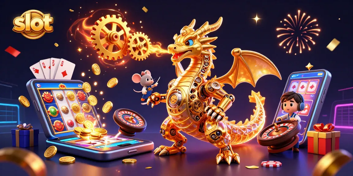 Slot dengan naga emas 3D dan elemen kasino yang meriah dalam permainan yang menarik.