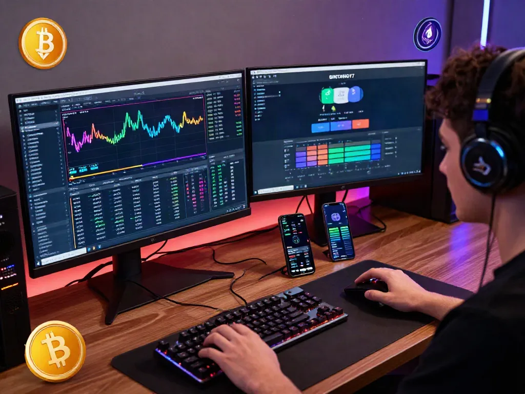 BINTANG77 crypto trading scene dengan gamer terlibat dalam transaksi pasar digital.