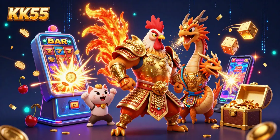 KK55 showcases a dynamic casino scene featuring a warrior rooster and dragon hatchling amidst slot machines and bonuses.
