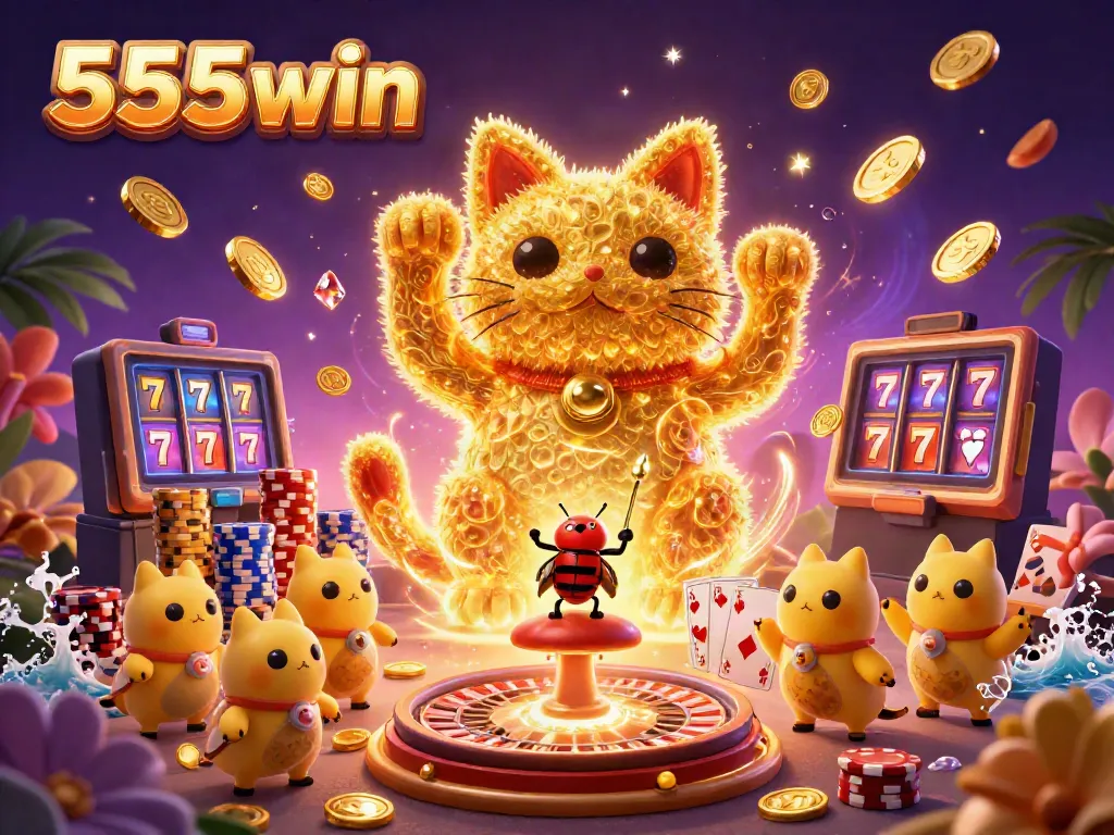 Experience the thrill of 555win with a vibrant illustration of a lucky cat and casino symbols.