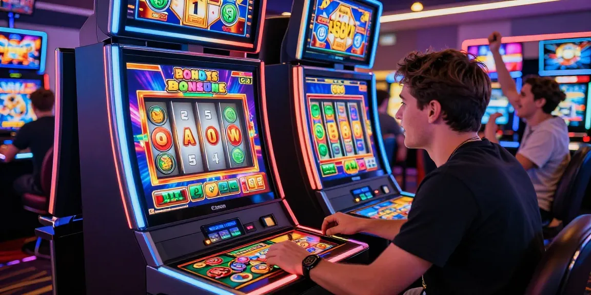 Engaging cocomaya bonus buy slot scene, showcasing a player at a vibrant gaming station surrounded by colorful graphics and casino excitement.