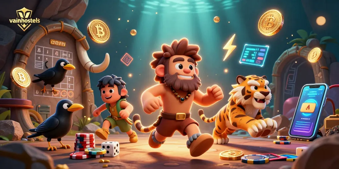 Vainhostels hosts a lively prehistoric casino scene featuring glowing crypto coins and games.