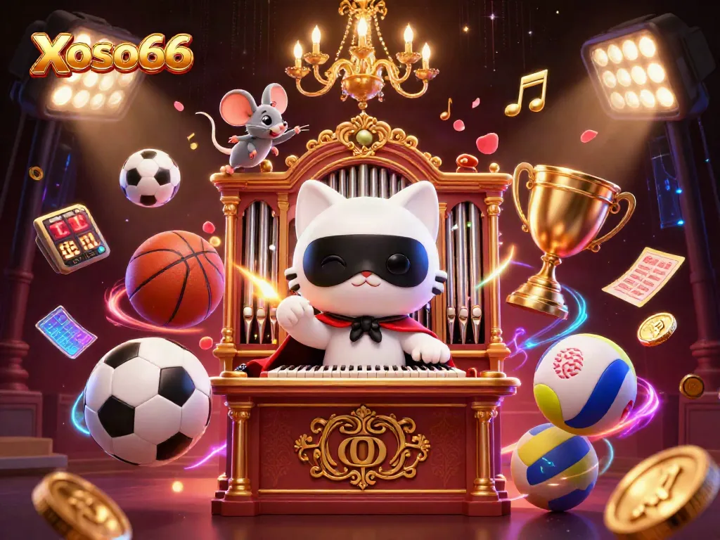 Xoso66 enhances the thrill with a surreal portrayal of a casino scene featuring dynamic elements and game symbols.