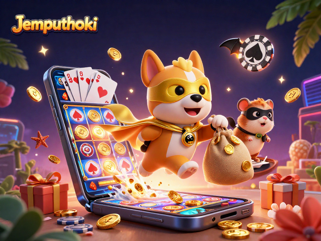 Experience Jemputhoki through vibrant 3D illustration, featuring cartoon heroes and exciting casino elements.
