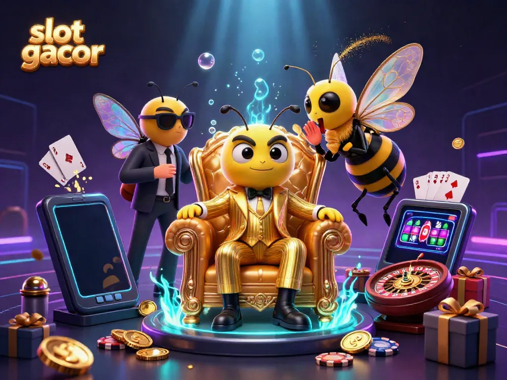 Experience the excitement of slot gacor gaming with a vibrant 3D illustration featuring a bee mob boss surrounded by casino elements.
