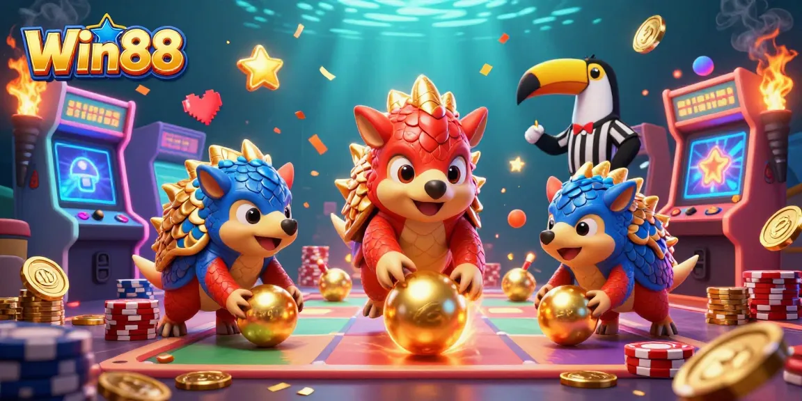Win88 pangolins competing in a thrilling casino game, surrounded by colorful arcade elements.