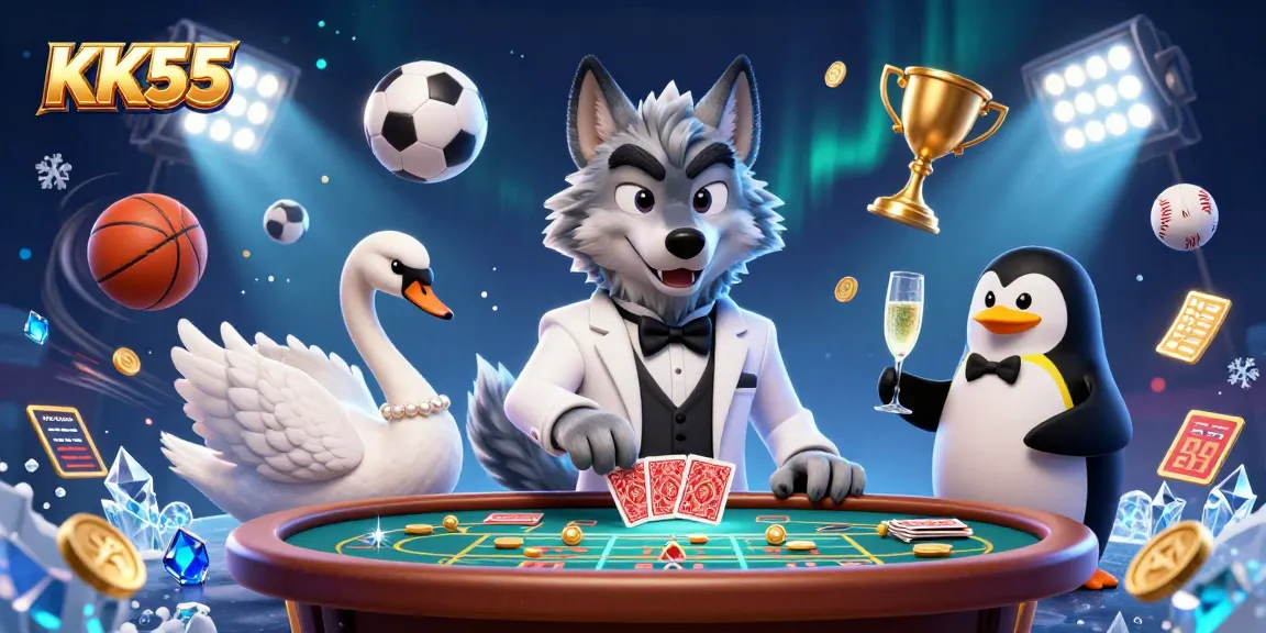 Join the fun at KK55 with a charmed baccarat table featuring whimsical characters and lively sports elements.