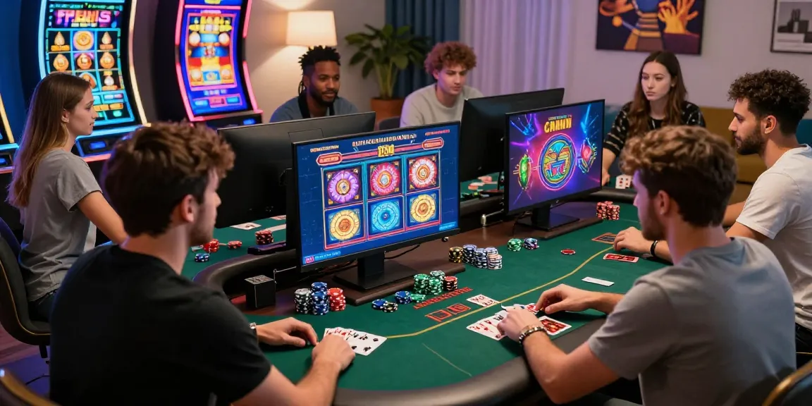 Excited players enjoying casino non aams games in a lively virtual environment.