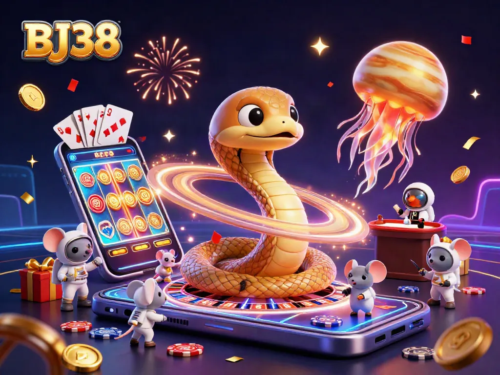 BJ38 engages in thrilling bets with 3D cartoon characters amidst a dazzling lottery atmosphere.