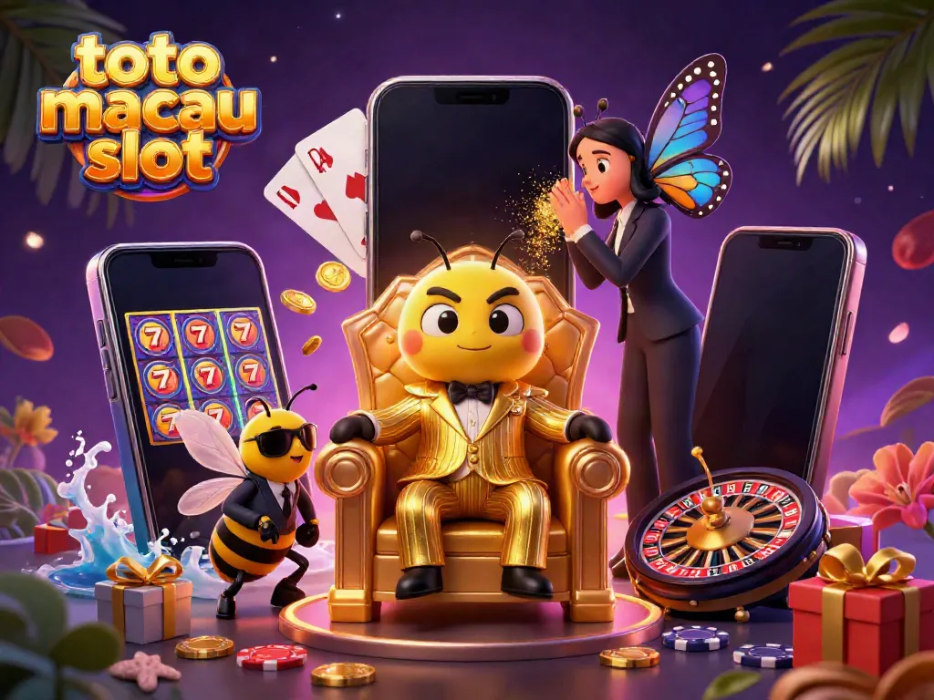 Ilustrasi 3D mobil bos lebah di kursi teratai, dikelilingi elemen permainan slot macau, mewakili toto macau slot.
