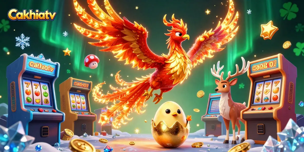 Cakhiatv promotes winning strategies with a vibrant casino-themed illustration featuring a phoenix, baby phoenix, and mystical stag.