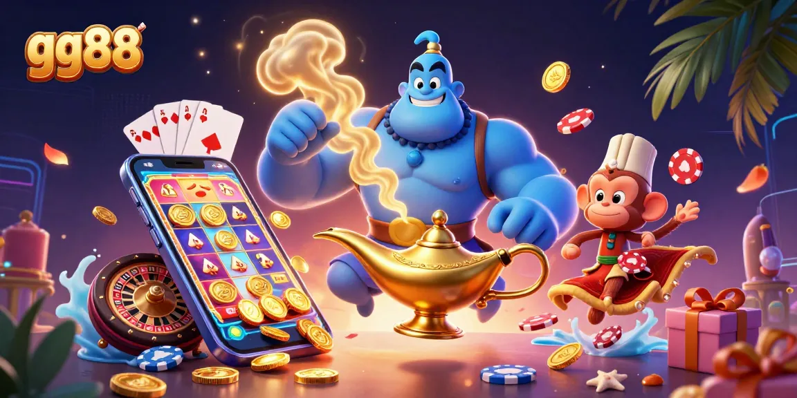 Experience thrilling gameplay with gg88, featuring a genie, monkey, and magic carpet amidst captivating casino elements.
