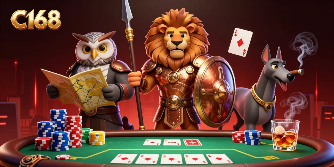 C168 offers thrilling poker action with a heroic lion, wise owl, and swift greyhound in a vibrant casino scene.