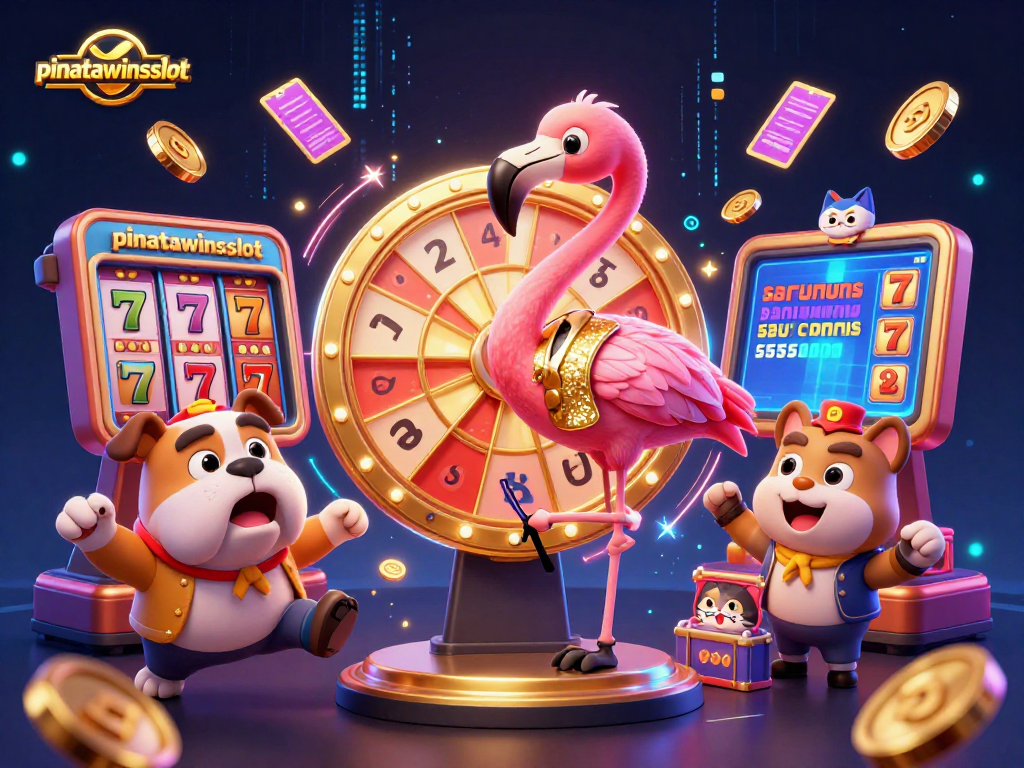 Engage with pinatawinsslot as a flamingo host spins the prize wheel in a vibrant casino setting.