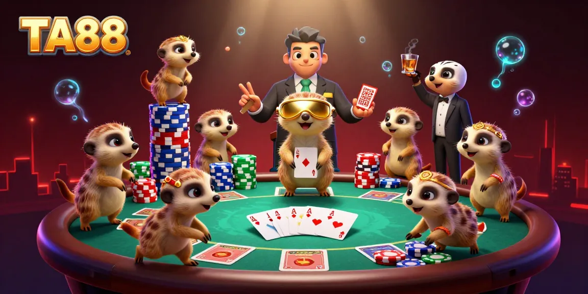 TA88 meerkats vividly manage a casino, showcasing poker excitement amidst vibrant, dynamic elements.