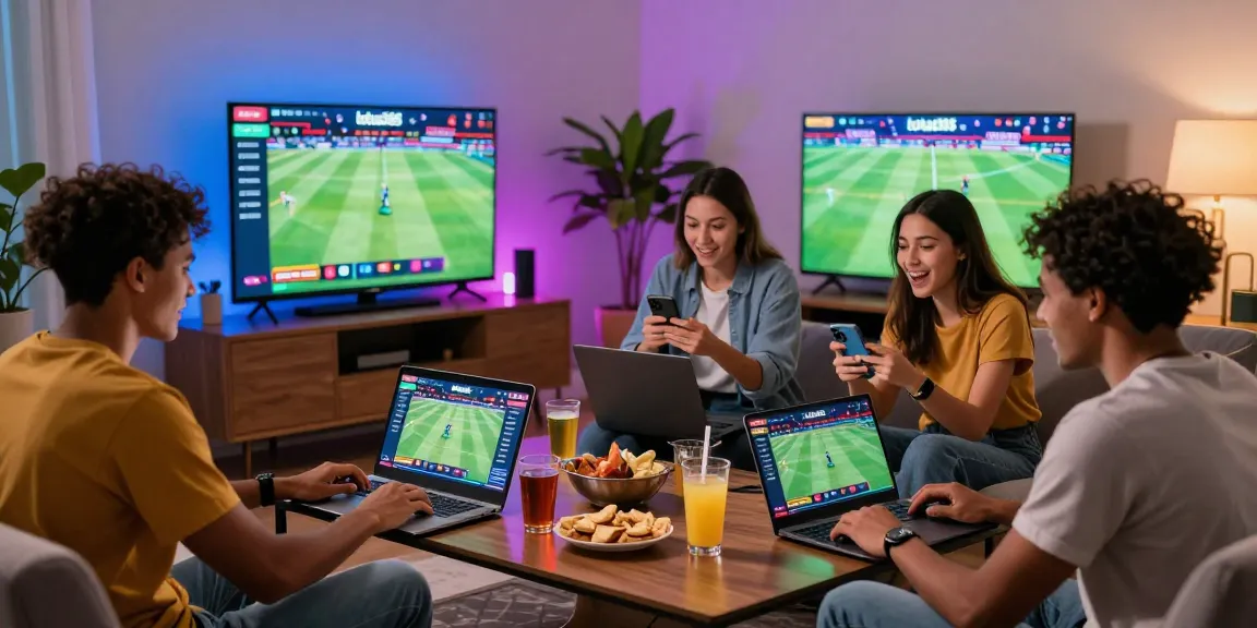 Friends engaged in online betting with lotus365 in a lively living room setting, showcasing excitement and togetherness.