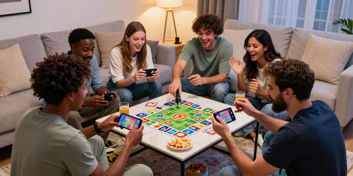 Diverse friends enjoying earning games like Card Rummy on smartphone in a lively living room setting.