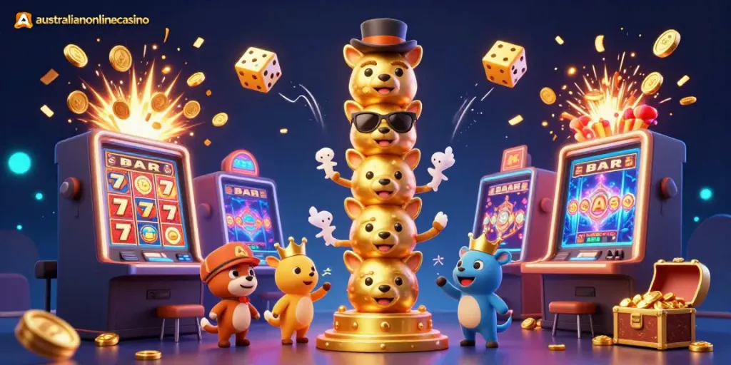 Engage with australianonlinecasino's vibrant 3D casino illustration showcasing diverse characters, dynamic slots, and festive elements.