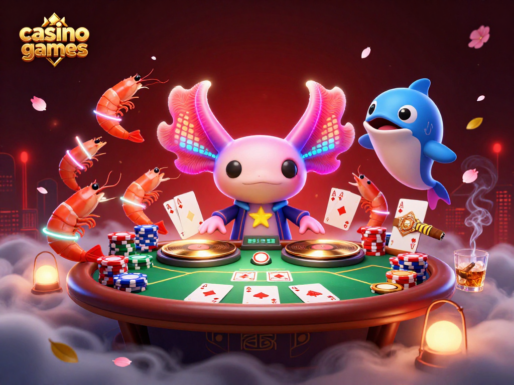 Engage in casino games with vibrant axolotl DJ, poker elements, and lively aquatic characters.