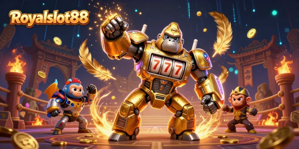 Royalslot88 menghadirkan gorila mekanik emas yang memukau dan elemen kasino menarik lainnya.
